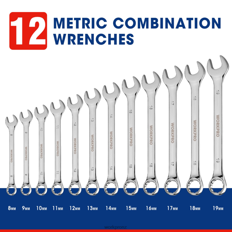 12 Pcs Metric 8-19mm, Premium Cr-V Combination Wrench Set 8884L95 New WORKPRO Tool