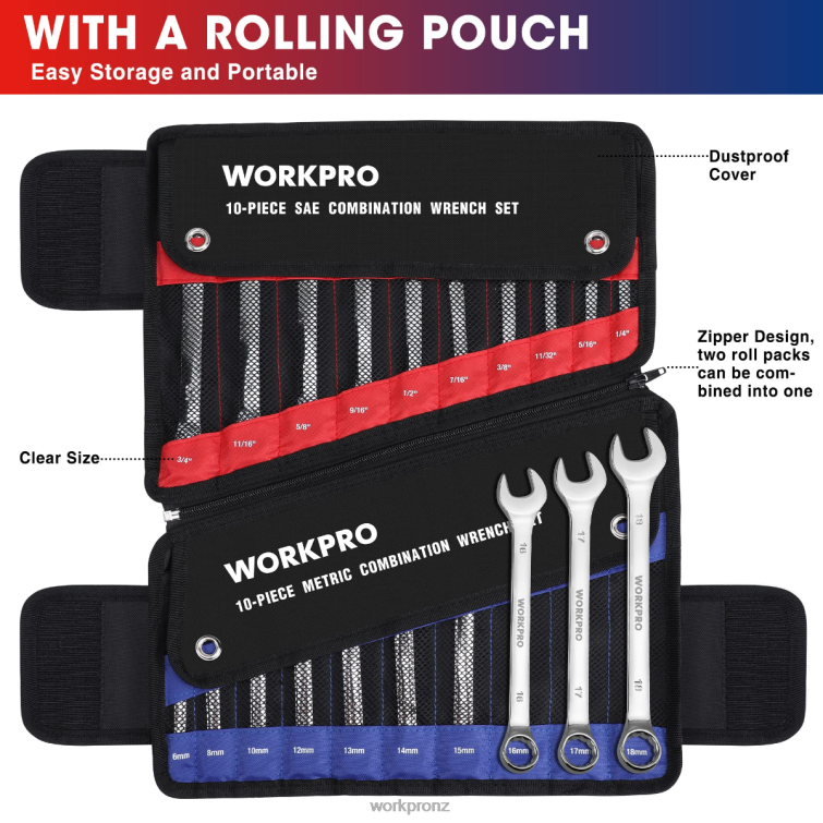 20 Pcs Metric & SAE Combination Cr-V 12-point Wrench Set 8884L93 Morden WORKPRO Tool