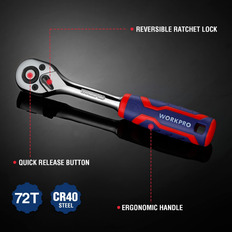 3 Pcs Ratchet Set, Quick-Release Reversible 72-Tooth 40CR Steel Drive Socket Wrench 8884L91 Helpful WORKPRO Tool