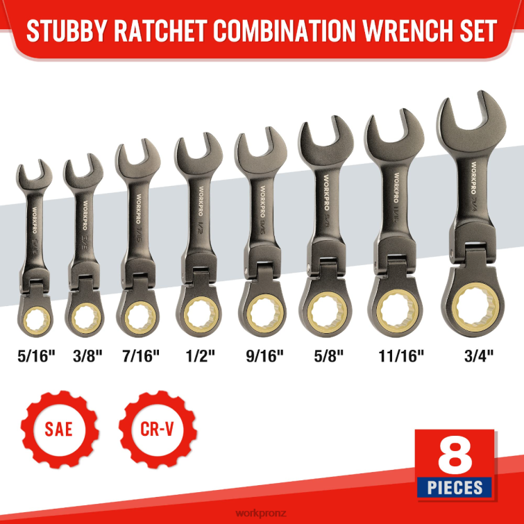 8 Pcs Flex-Head Stubby Ratcheting Combination Wrench Set 8884L82 New WORKPRO Tool