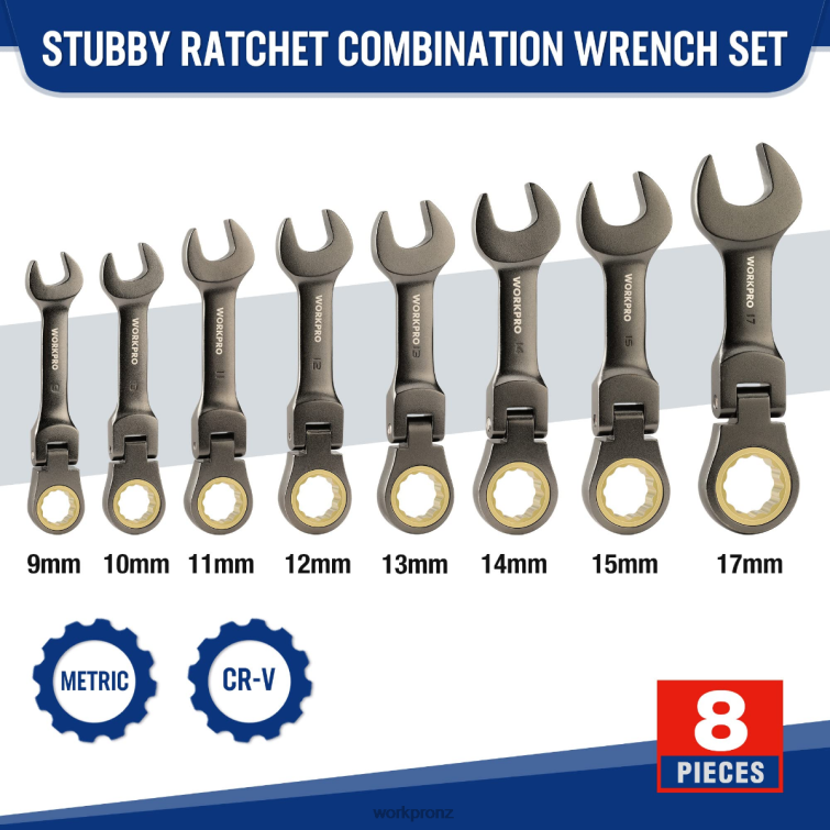 8 Pcs Flex-Head Stubby Ratcheting Combination Wrench Set 8884L82 New WORKPRO Tool