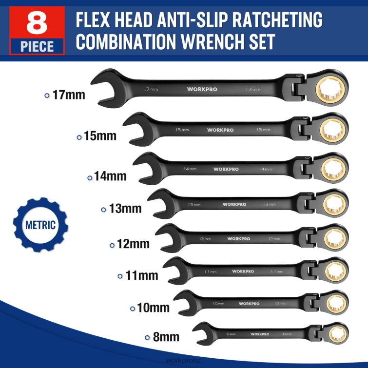 8 Pcs Ratcheting Combination Flex-Head Anti-Slip Wrench Set 8884L80 Morden WORKPRO Tool