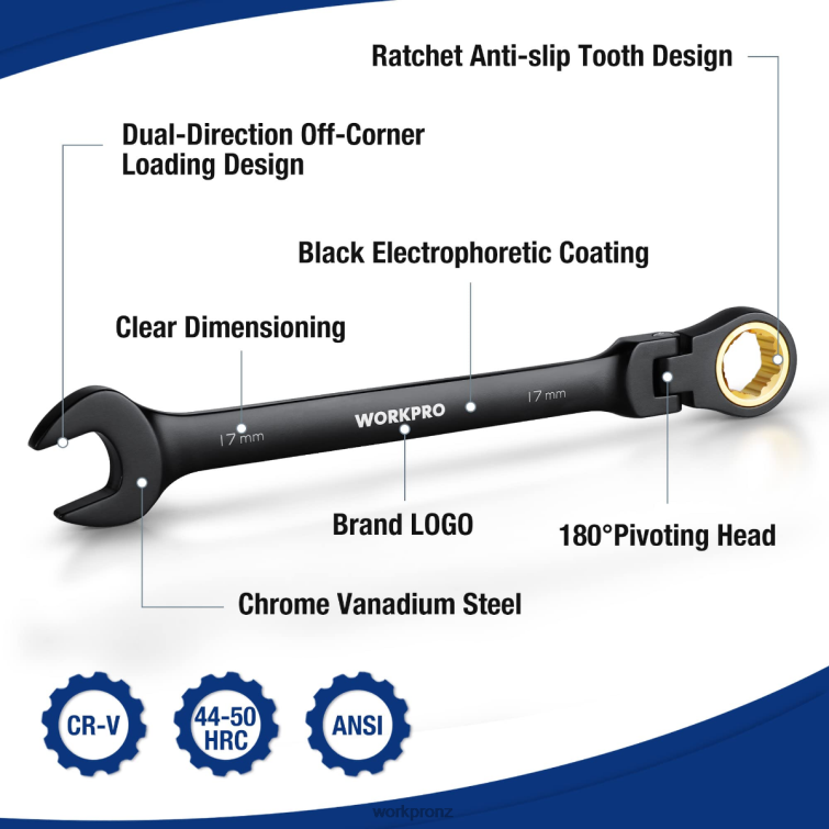 8 Pcs Ratcheting Combination Flex-Head Anti-Slip Wrench Set 8884L80 Morden WORKPRO Tool
