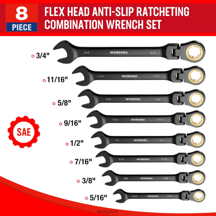 8 Pcs Ratcheting Combination Flex-Head Anti-Slip Wrench Set 8884L80 Morden WORKPRO Tool