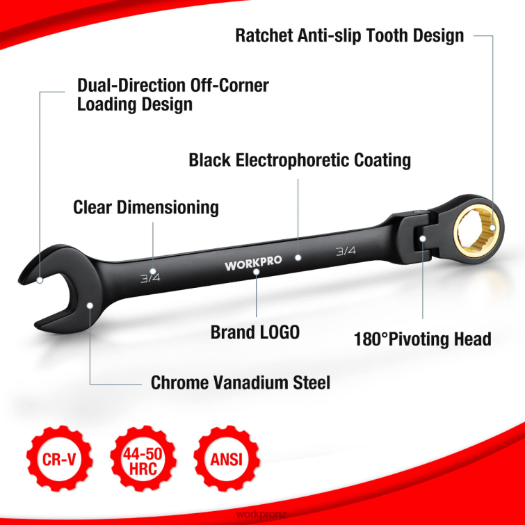 8 Pcs Ratcheting Combination Flex-Head Anti-Slip Wrench Set 8884L80 Morden WORKPRO Tool