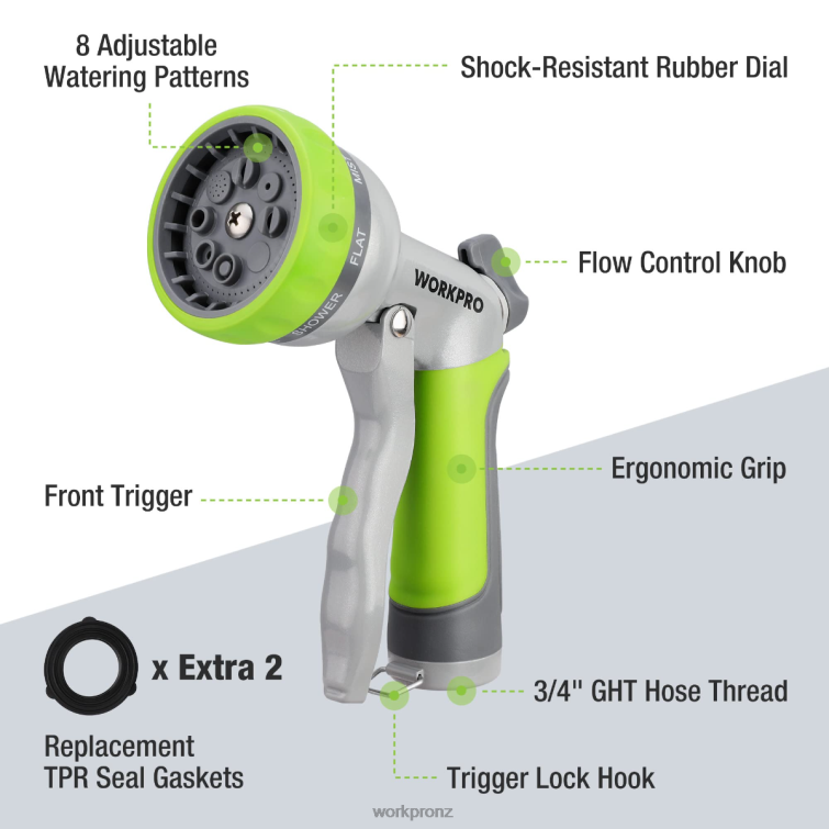 Garden High Pressure Water Hose Nozzle Sprayer with 8 Adjustable Watering Patterns & Thumb Control Design 8884L288 Useful WORKPRO Tool