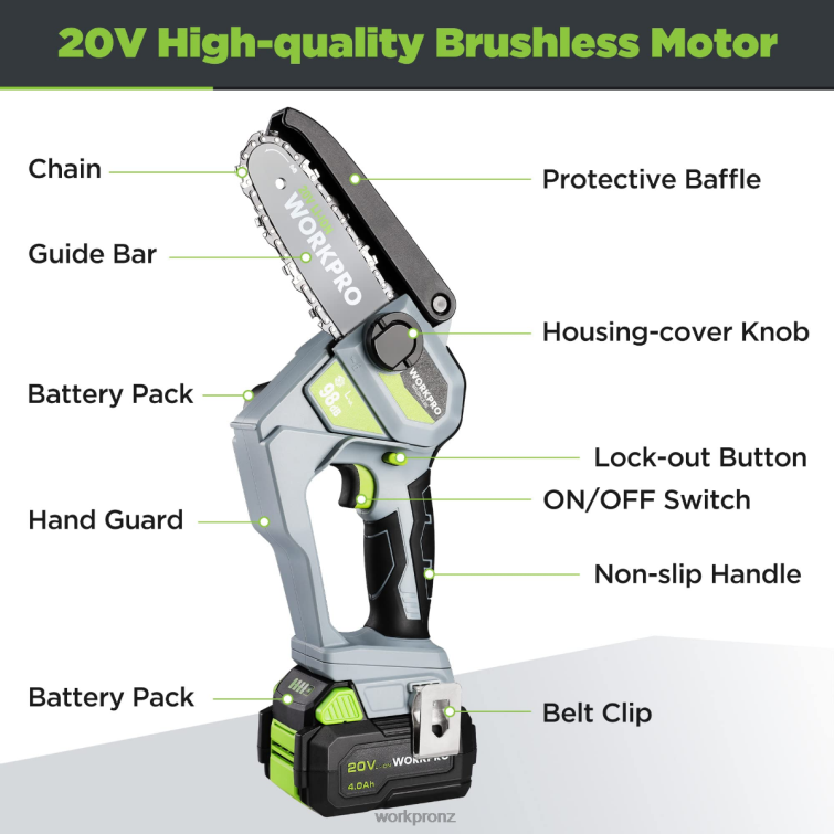 20V Brushless Cordless Compact Chainsaw with 4.0Ah Battery and Replacement Chain 8884L298 Morden WORKPRO Tool
