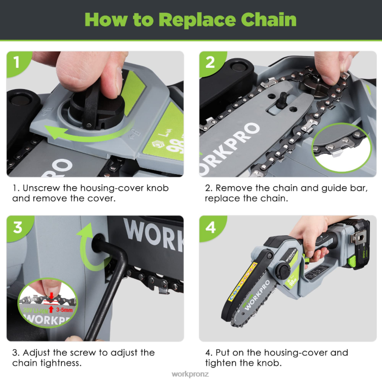 20V Brushless Cordless Compact Chainsaw with 4.0Ah Battery and Replacement Chain 8884L298 Morden WORKPRO Tool