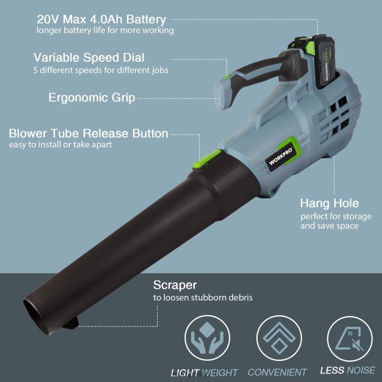 20V Cordless Leaf Blower with 5 Adjustable Speeds 4.0Ah Larger Capacity Battery and Quick Charger Included 8884L292 Helpful WORKPRO Tool