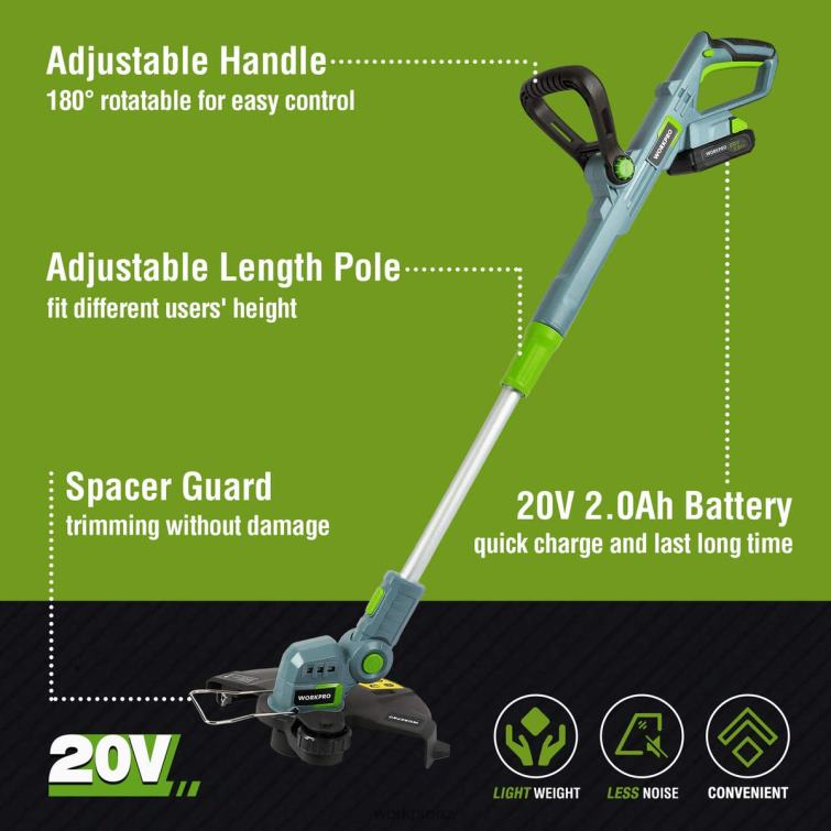 20V Cordless String Trimmer / Edger 12-inch with 2Ah Lithium-Ion Battery 1 Hour Quick Charger 16.4ft Trimmer Line Included 8884L293 Helpful WORKPRO Tool