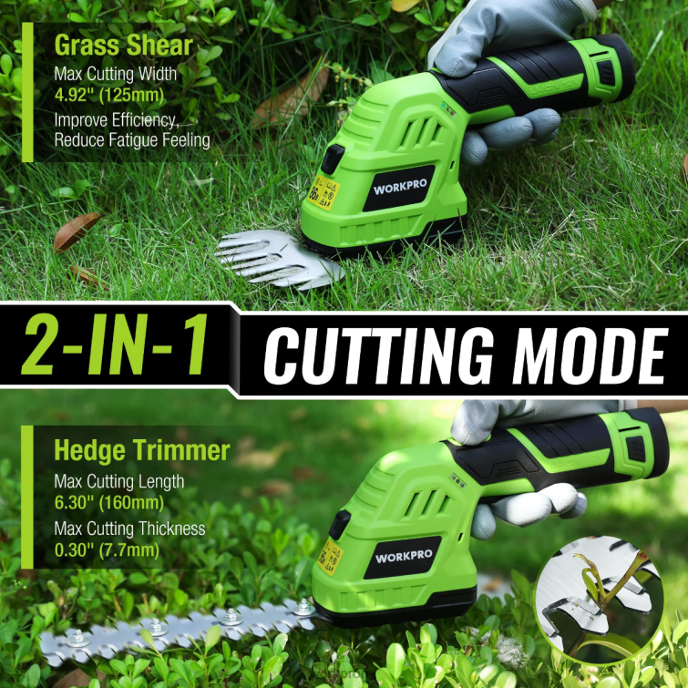 2 in 1 12V Electric Cordless Grass Hedge Shear & Handheld Shrubbery Trimmer, with 2.0Ah Rechargeable Lithium-Ion Battery and 1 Hour Fast Charger 8884L301 Morden WORKPRO Tool