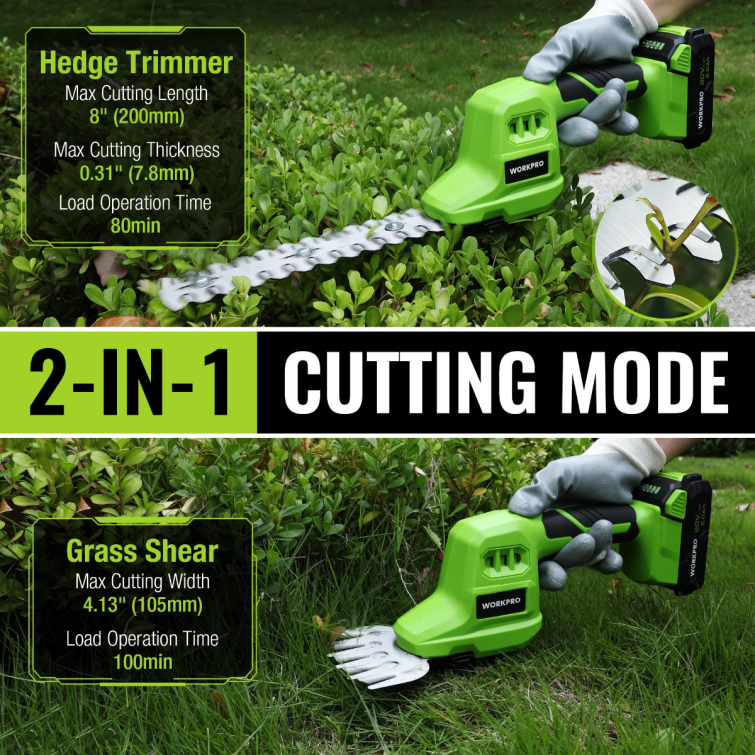 2 in 1 20V Electric Cordless Grass Hedge Shear & Handheld Shrubbery Trimmer, with 2.0Ah Rechargeable Lithium-Ion Battery and 1 Hour Fast Charger 8884L302 Useful WORKPRO Tool