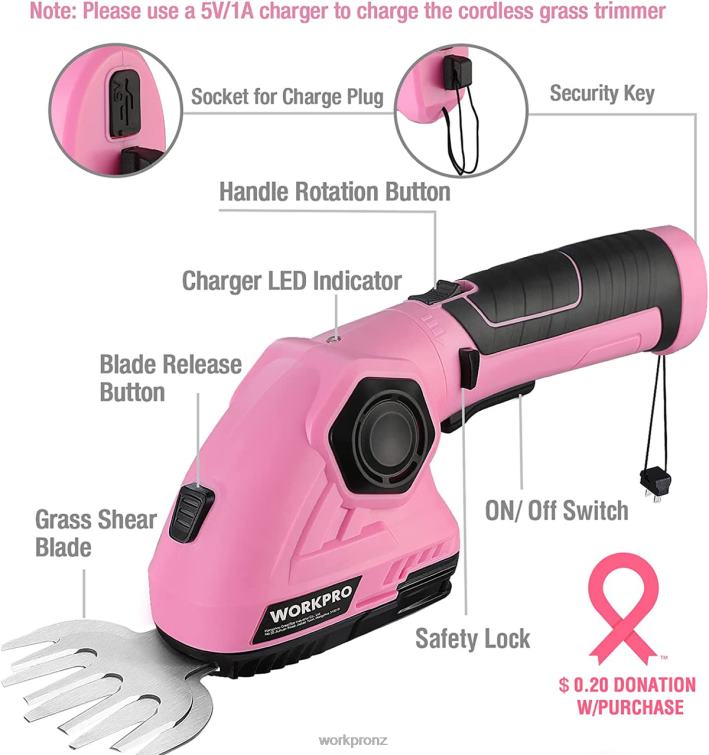 2 in 1 Handheld Hedge Trimmer 7.2V Electric Grass Trimmer/Hedge Shears 8884L266 Pink WORKPRO Tool