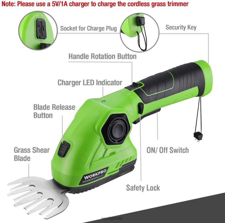 Cordless Grass Shear & Shrubbery Trimmer 2 in 1 Handheld Hedge Trimmer 7.2V Electric Grass Trimmer Hedge Shears 8884L297 Green/White WORKPRO Tool