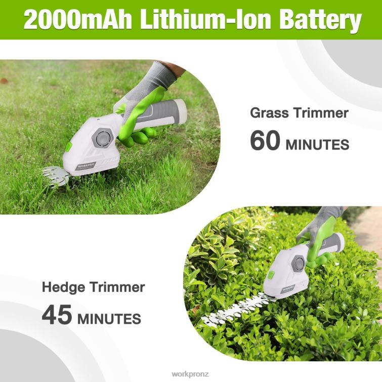 Cordless Grass Shear & Shrubbery Trimmer 2 in 1 Handheld Hedge Trimmer 7.2V Electric Grass Trimmer Hedge Shears 8884L297 Green/White WORKPRO Tool
