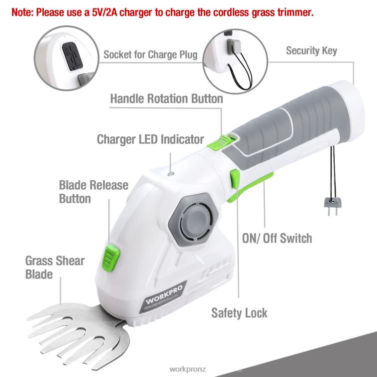 Cordless Grass Shear & Shrubbery Trimmer 2 in 1 Handheld Hedge Trimmer 7.2V Electric Grass Trimmer Hedge Shears 8884L297 Green/White WORKPRO Tool