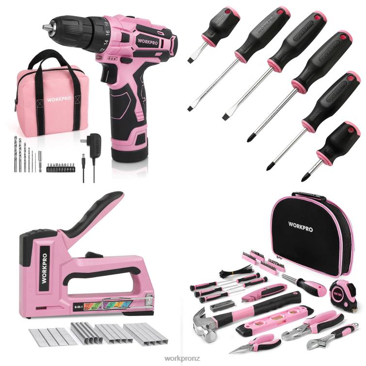12V Cordless Drill Driver Kit & 103 Pcs Tool Kit & 8 Pcs Magnetic Screwdrivers Set & 6-in-1 Staple Gun 8884L315 Pink WORKPRO Tool