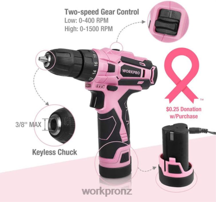 12V Cordless Drill Driver Kit & 103 Pcs Tool Kit & 8 Pcs Magnetic Screwdrivers Set & 6-in-1 Staple Gun 8884L315 Pink WORKPRO Tool