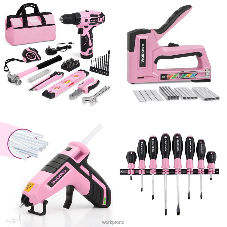 12V Cordless Drill Set & 6-in-1 Staple Gun & 8 Pcs Magnetic Screwdrivers Set & Cordless Hot Melt Glue Gun 8884L313 Pink WORKPRO Tool