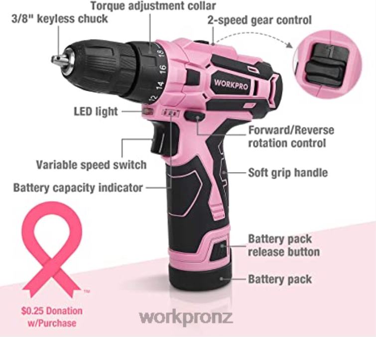 12V Cordless Drill Set & 6-in-1 Staple Gun & 8 Pcs Magnetic Screwdrivers Set & Cordless Hot Melt Glue Gun 8884L313 Pink WORKPRO Tool