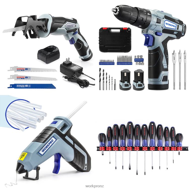 12V Cordless Reciprocating Saw & 12V Cordless Drill Driver Kit & 12 Pcs Magnetic Screwdrivers Set & Cordless Hot Glue Gun 8884L321 Useful WORKPRO Tool