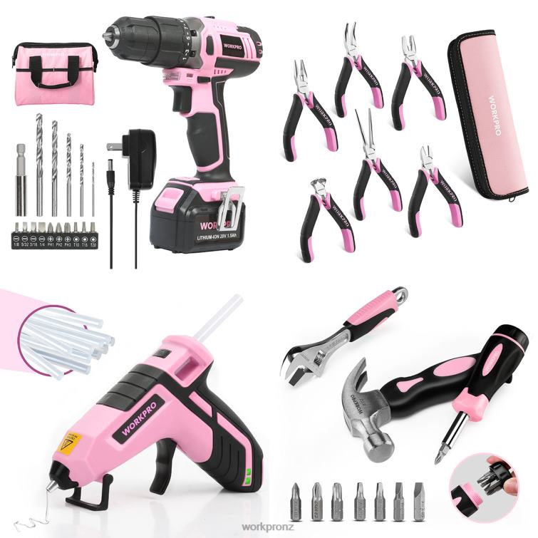 20V Cordless Drill Driver Set & 6-Piece Mini Pliers & 10-piece Tool Kit & Cordless Glue Gun 8884L316 Pink WORKPRO Tool