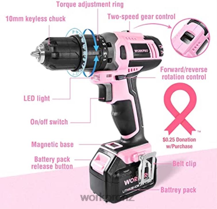 20V Cordless Drill Driver Set & 6-Piece Mini Pliers & 10-piece Tool Kit & Cordless Glue Gun 8884L316 Pink WORKPRO Tool