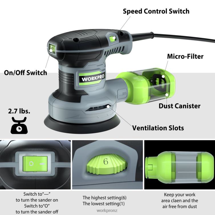2.5 Amp Electric 5-Inch Random Orbit Sander, 6 Variable Speeds 7000 to 14000 RPM 8884L233 Useful WORKPRO Tool