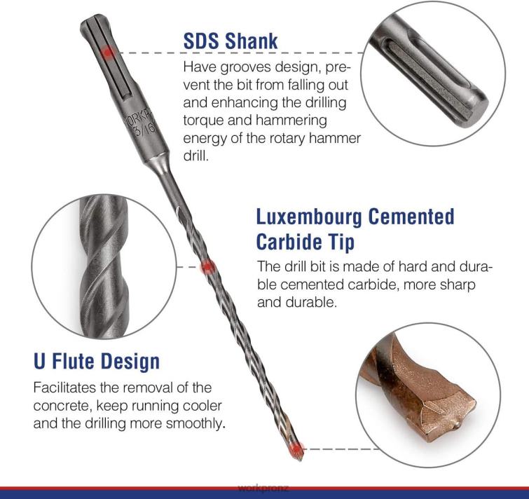 8 Pcs SDS-plus Drill Bit Set, Carbide Tip, SDS+ Rotary Hammer Drill Bit Set with Storage Case for Brick, Cement, Stone & Concrete 8884L205 Useful WORKPRO Tool
