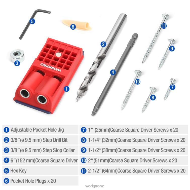 Plastic Plugs Coarse Square Driver Screws Pocket Hole Jig Kit 8884L201 Morden WORKPRO Tool