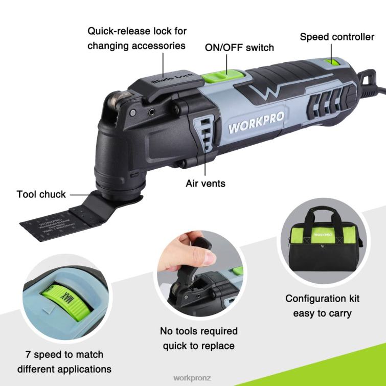 3.0 Amp Corded Quick-Lock Replaceable Oscillating Saw with 7 Variable Speed 3 Oscillation Angle, 17pcs Saw Accessories, and Carrying Bag 8884L230 Useful WORKPRO Tool