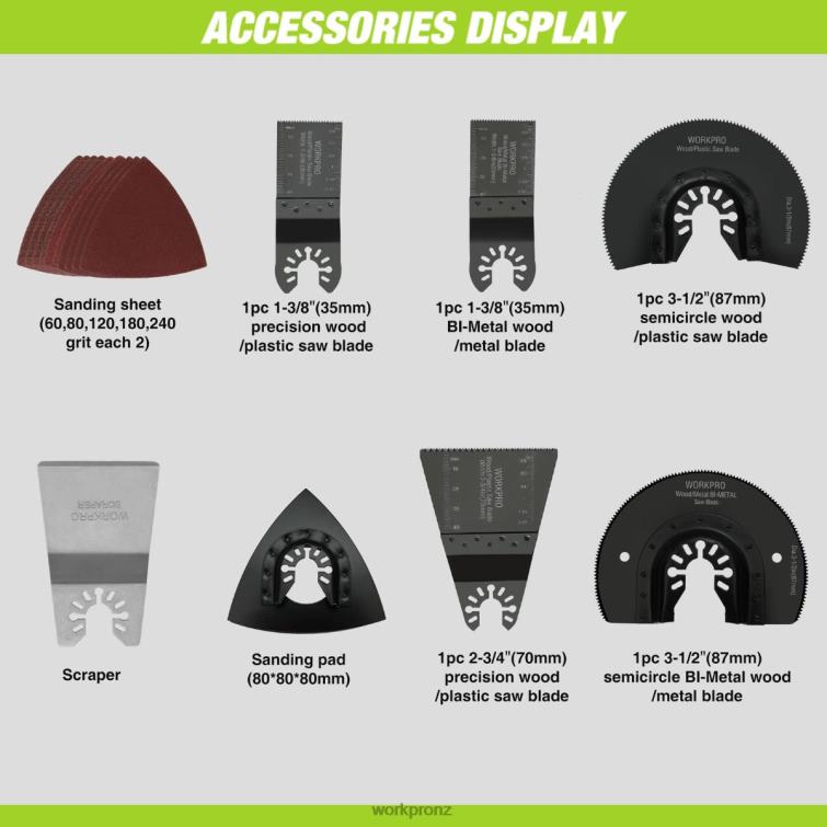 3.0 Amp Corded Quick-Lock Replaceable Oscillating Saw with 7 Variable Speed 3 Oscillation Angle, 17pcs Saw Accessories, and Carrying Bag 8884L230 Useful WORKPRO Tool