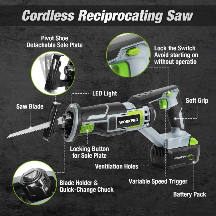 Cordless Reciprocating Saw, 4 Saw Blades for Wood & Metal Cutting Included 8884L184 New WORKPRO Tool