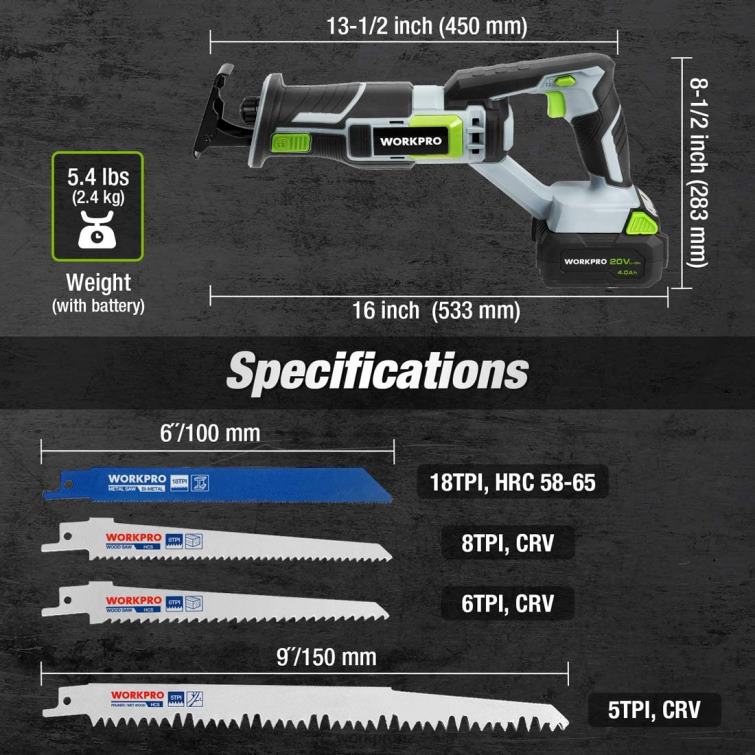 Cordless Reciprocating Saw, 4 Saw Blades for Wood & Metal Cutting Included 8884L184 New WORKPRO Tool