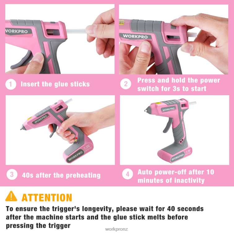 7.2V Cordless Hot Melt Glue Gun Kit 8884L164 Pink/White WORKPRO Tool