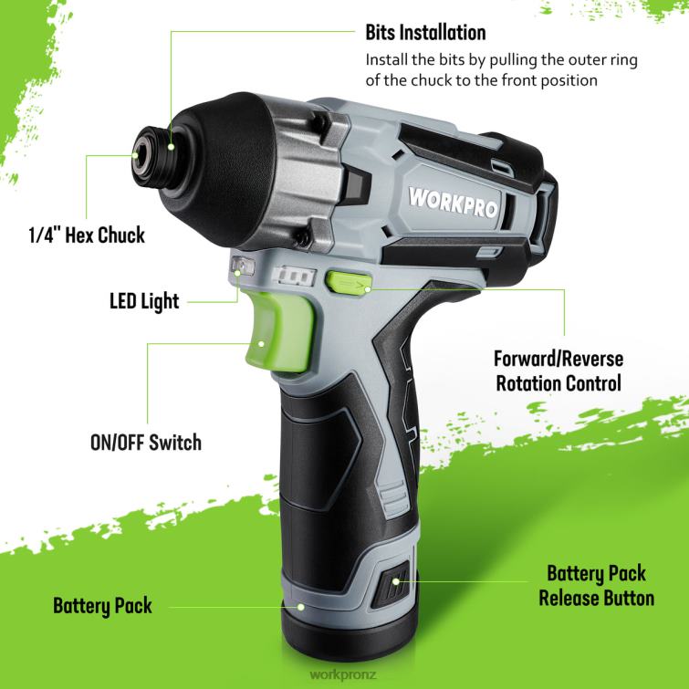 12V Cordless Impact Driver Kit, Hex Electric Impact Drill/Driver Set with 2.0Ah Lithium-ion Battery 8884L190 New WORKPRO Tool