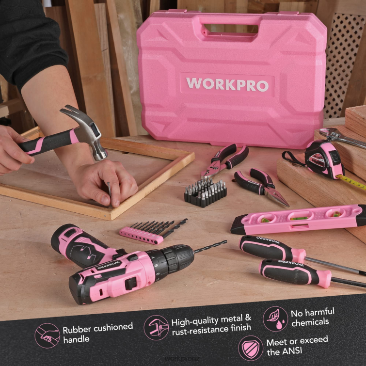 108-Piece Portable Tool Set with Power Drill 8884L173 Pink/Grey WORKPRO Tool