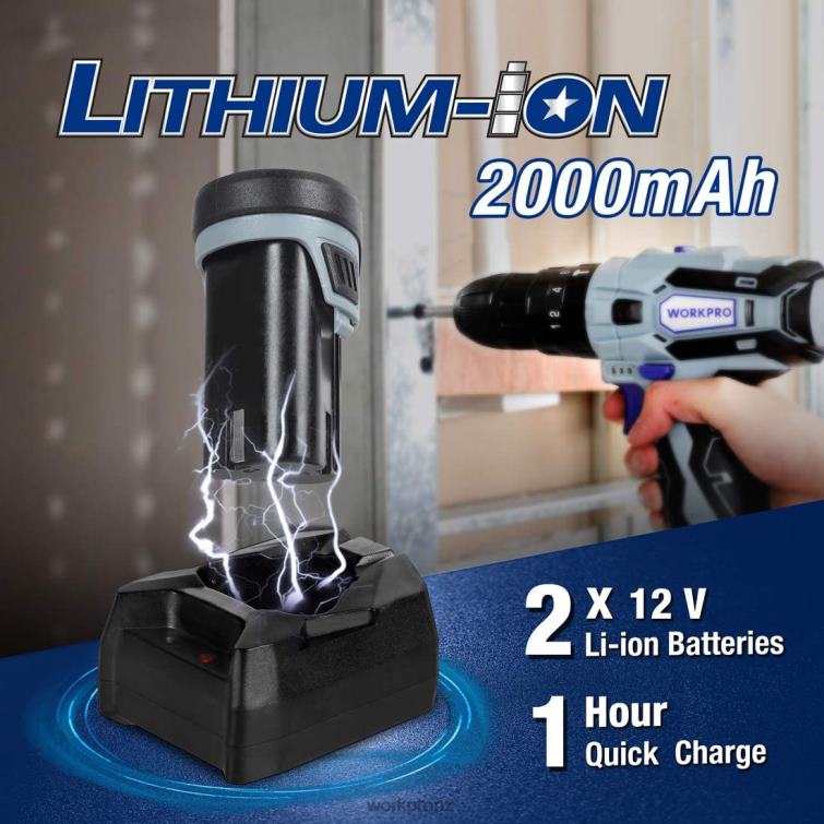 12V 2-Speed Cordless Drill Driver Kit, 2 Li-Ion Batteries 2000 mAh and Fast Charger 8884L168 Morden WORKPRO Tool