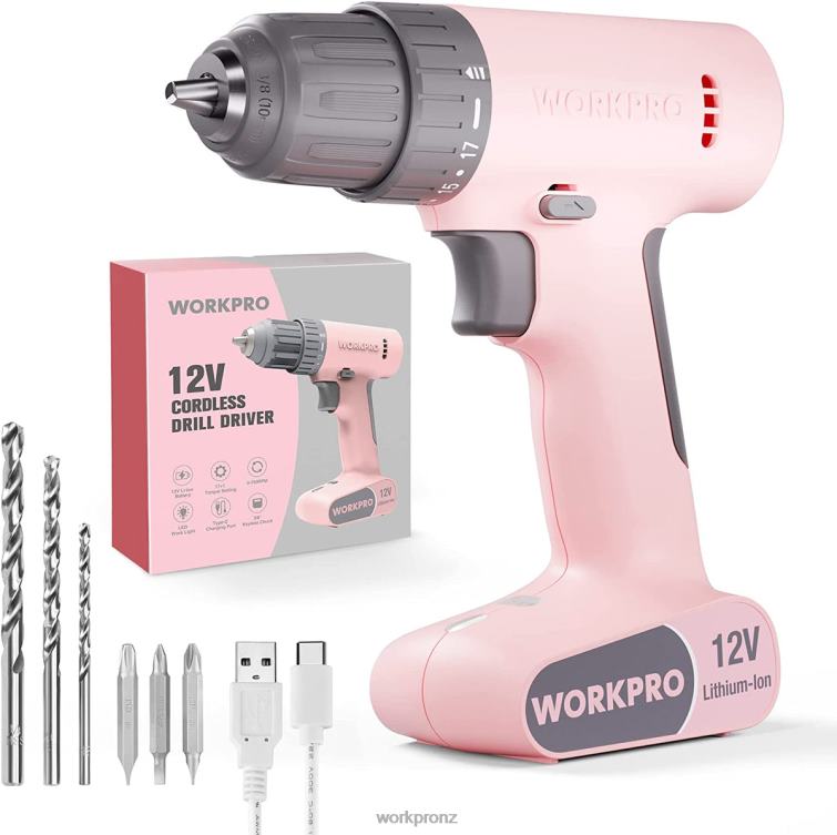 12V Cordless Drill Driver Set with 6 Pcs Bits, 3/8-Inch Keyless Chuck, Variable Speed, 18 Touque Setting 8884L175 Pink/White WORKPRO Tool