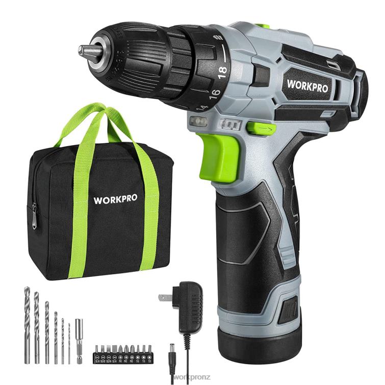 12V Electric Cordless Drill Driver Kit Keyless Chuck, Charger and Storage Bag Included 8884L177 Green WORKPRO Tool