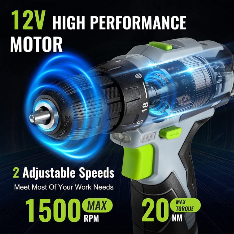 12V Electric Cordless Drill Driver Kit Keyless Chuck, Charger and Storage Bag Included 8884L177 Green WORKPRO Tool