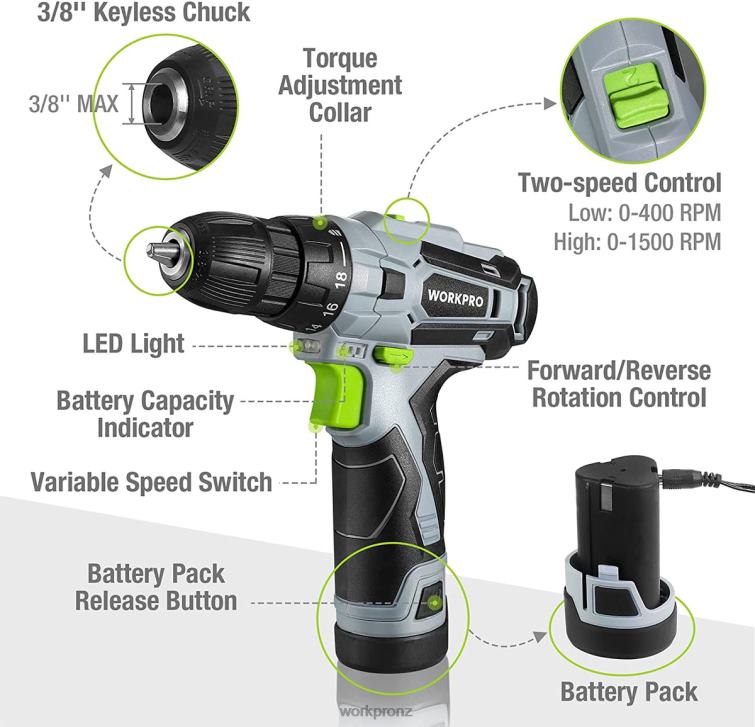12V Electric Cordless Drill Driver Kit Keyless Chuck, Charger and Storage Bag Included 8884L177 Green WORKPRO Tool