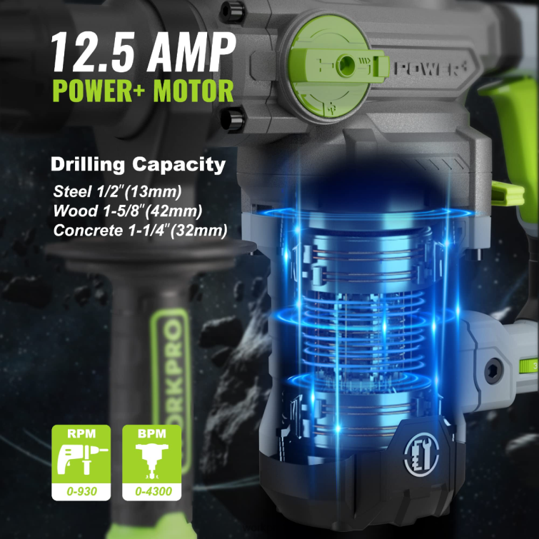 12.5AMP 1-1/4 Inch Premium SDS-Plus Rotary Hammer Drill, Heavy Duty Corded Version 8884L179 Helpful WORKPRO Tool