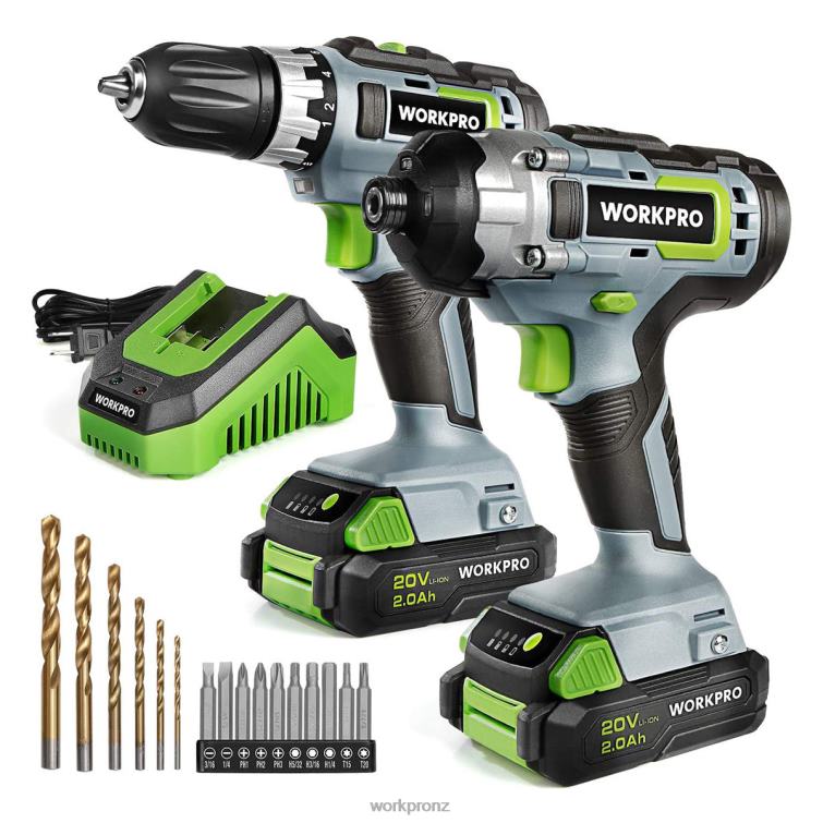 20V Cordless Drill Combo Kit, Drill Driver and Impact Driver with 2x 2.0Ah Batteries and 1 Hour Fast Charger 8884L169 Helpful WORKPRO Tool