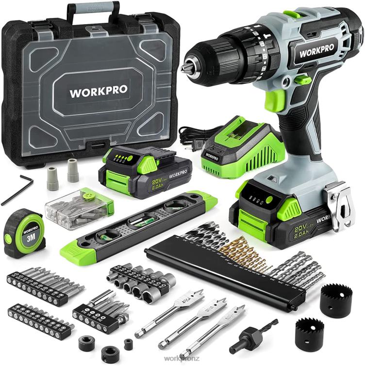20V Max Cordless Drill Driver Set, Electric Power Impact Drill Tool with 102 Pieces Accessories, 2 x 2.0Ah Li-ion Batteries with Fast Charger 8884L170 Useful WORKPRO Tool