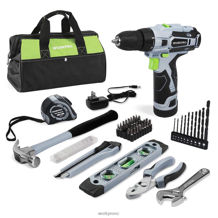 61 Pcs 12V Cordless Drill and Home Tool Kit, 14-inch Storage Bag Included 8884L174 Grey WORKPRO Tool