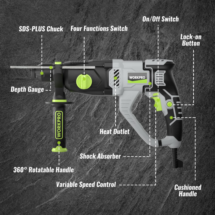 7.5AMP 1-1/4 Inch Premium SDS-Plus Rotary Hammer Drill, Lightweight Corded Version 8884L178 Useful WORKPRO Tool