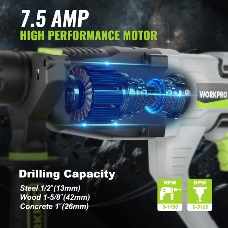 7.5AMP 1-1/4 Inch Premium SDS-Plus Rotary Hammer Drill, Lightweight Corded Version 8884L178 Useful WORKPRO Tool