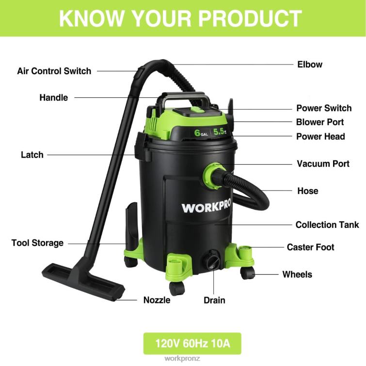 6 Gallon Shop Vacuum 5.5 Peak Horsepower Shop Vac Cleaner with HEPA Filter Hose and Accessories 8884L215 Helpful WORKPRO Tool
