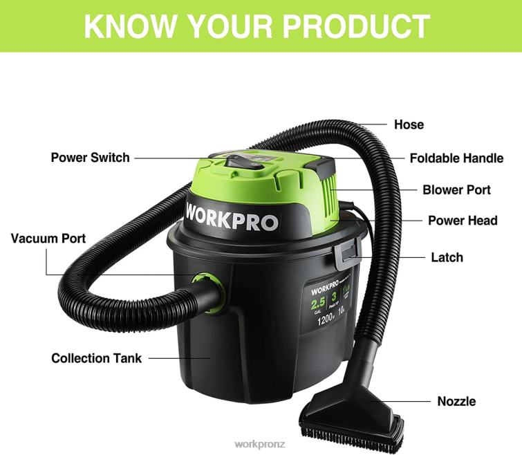 Wet/Dry Vacuum 2.5 Gallon 3 Peak Horsepower, Portable Shop Vacuum Cleaner for Home 8884L216 Useful WORKPRO Tool